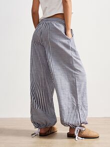 Bohemela Boho Striped Patchwork Loose Wide Leg Pants For Women, Suitable For Autumn, Beach Vacation, Valentine's Day, Music Festival White - Grey - View 8