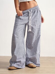 Bohemela Boho Striped Patchwork Loose Wide Leg Pants For Women, Suitable For Autumn, Beach Vacation, Valentine's Day, Music Festival White - Grey - View 6