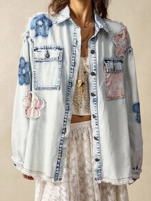 Bohemela 休闲梭织牛仔拼布花卉长袖宽松水洗女式衬衫 - 藍色 - 查看 5