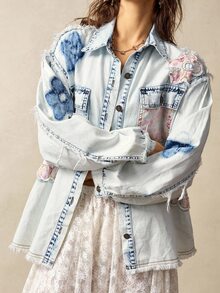 Bohemela 休闲梭织牛仔拼布花卉长袖宽松水洗女式衬衫 - 藍色 - 查看 4
