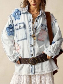 Bohemela 休闲梭织牛仔拼布花卉长袖宽松水洗女式衬衫 - 藍色 - 查看 2