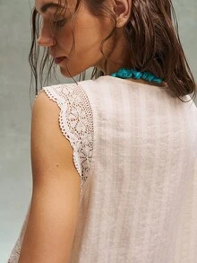 Bohemela Casual Solid Color Woven Patchwork Lace Loose Shirt - Apricot - View 7
