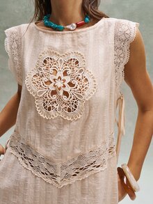 Bohemela Casual Solid Color Woven Patchwork Lace Loose Shirt - Apricot - View 2