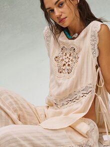 Bohemela Casual Solid Color Woven Patchwork Lace Loose Shirt - Apricot - View 4