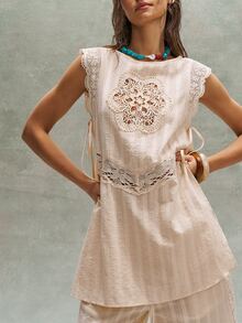 Bohemela Casual Solid Color Woven Patchwork Lace Loose Shirt - Apricot - View 3