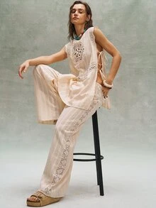 Bohemela Casual Solid Color Woven Patchwork Lace Loose Shirt - Apricot - View 8