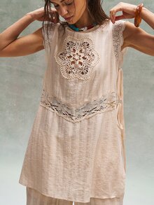 Bohemela Casual Solid Color Woven Patchwork Lace Loose Shirt - Apricot - View 5