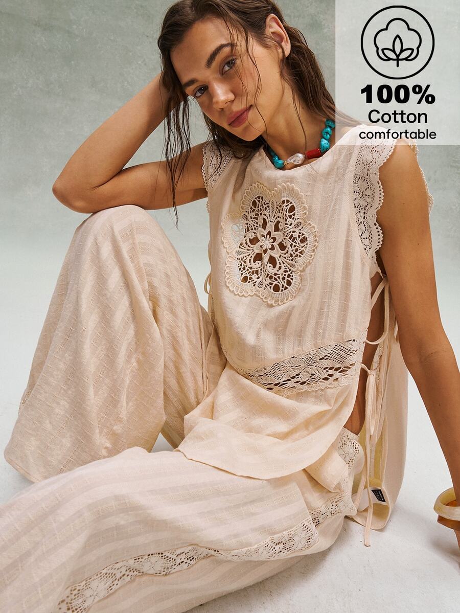 Bohemela Casual Solid Color Woven Patchwork Lace Loose Shirt - Apricot - View 1