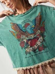 Bohemela 休闲纯色针织圆领短袖宽松水洗女式T恤 - 綠色 - 查看 3