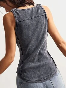 Bohemela Boho Vacation Sleeveless Casual Solid Color Knit Washed Women Tank Top - Black - View 7