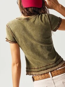 Bohemela Camiseta de mujer de manga corta, cuello redondo, ajustada, de punto parche de color contrastante, estilo BOHO de verano lavada - Verde - Ver 7