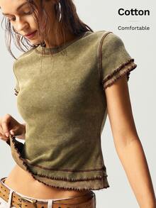 Bohemela Camiseta de mujer de manga corta, cuello redondo, ajustada, de punto parche de color contrastante, estilo BOHO de verano lavada - Verde - Ver 8