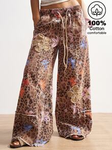 Bohemela Women's Casual Loose Fit Wide Leg Pants With Leopard Print Leopard Print Pants Floral Print Pants Bohemian Pants Animal Print Pants Leopard Pants - Multicolor - View 1