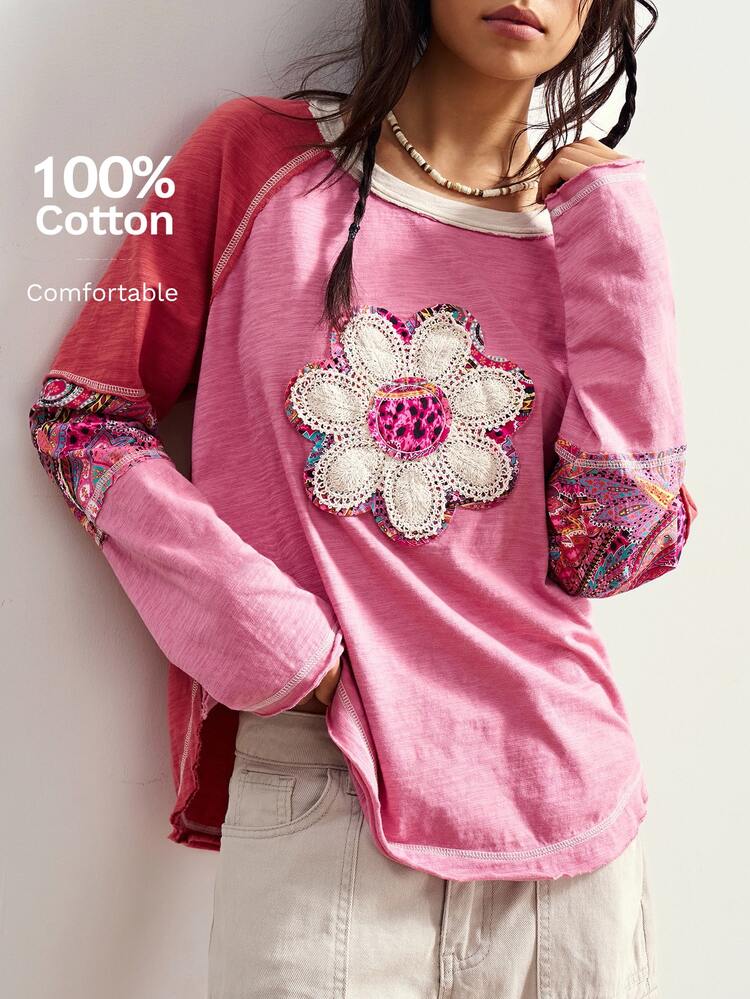 Bohemela Autumn/Winter BOHO Vintage Vacation Casual Patchwork Long Sleeve Loose Washed Women Graphic T-Shirt Vacation Pink And Red - Multicolor - View 8