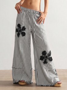 Bohemela 休閒波西米亞風編織條紋寬鬆寬腿女款長褲，黑白條紋格紋，適合工作、度假、假期、派對，秋季款 - 灰色 - 查看 2