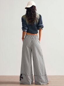 Bohemela 休閒波西米亞風編織條紋寬鬆寬腿女款長褲，黑白條紋格紋，適合工作、度假、假期、派對，秋季款 - 灰色 - 查看 7