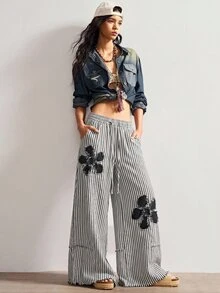 Bohemela 休閒波西米亞風編織條紋寬鬆寬腿女款長褲，黑白條紋格紋，適合工作、度假、假期、派對，秋季款 - 灰色 - 查看 6