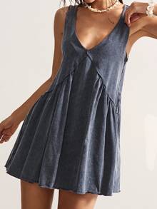 Bohemela Casual Boho Solid Color V-Neck Loose Knit Short Dress For Women Vacation Dress Vacation Navy Blue Summer Beach - Dark Grey - View 3