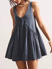 Bohemela Casual Boho Solid Color V-Neck Loose Knit Short Dress For Women Vacation Dress Vacation Navy Blue Summer Beach - Dark Grey - View 6