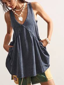 Bohemela Casual Boho Solid Color V-Neck Loose Knit Short Dress For Women Vacation Dress Vacation Navy Blue Summer Beach - Dark Grey - View 4