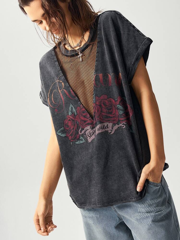 Bohemela Women's Solid Color Western Grunge Country Style Knit Crew Neck T-Shirt, Summer Music Concert Dark Grey - Black - View 5