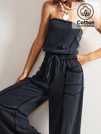 Bohemela Women's Knit Jumpsuit With Pockets And Drawstring