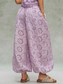 Bohemela Women's Solid Color Hollow Floral Design Elastic Waistband Pocket Loose Cuffed Long Pants - Dusty Purple - View 4