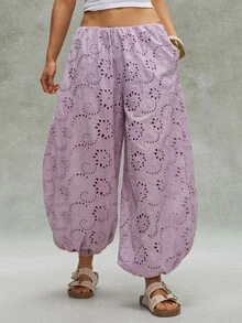 Bohemela Women's Solid Color Hollow Floral Design Elastic Waistband Pocket Loose Cuffed Long Pants - Dusty Purple - View 7