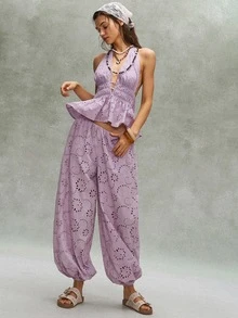 Bohemela Women's Solid Color Hollow Floral Design Elastic Waistband Pocket Loose Cuffed Long Pants - Dusty Purple - View 9