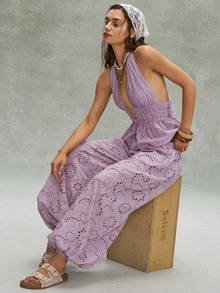 Bohemela Women's Solid Color Hollow Floral Design Elastic Waistband Pocket Loose Cuffed Long Pants - Dusty Purple - View 5