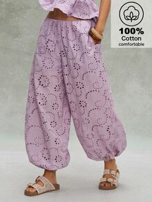 Bohemela Women's Solid Color Hollow Floral Design Elastic Waistband Pocket Loose Cuffed Long Pants - Dusty Purple - View 1