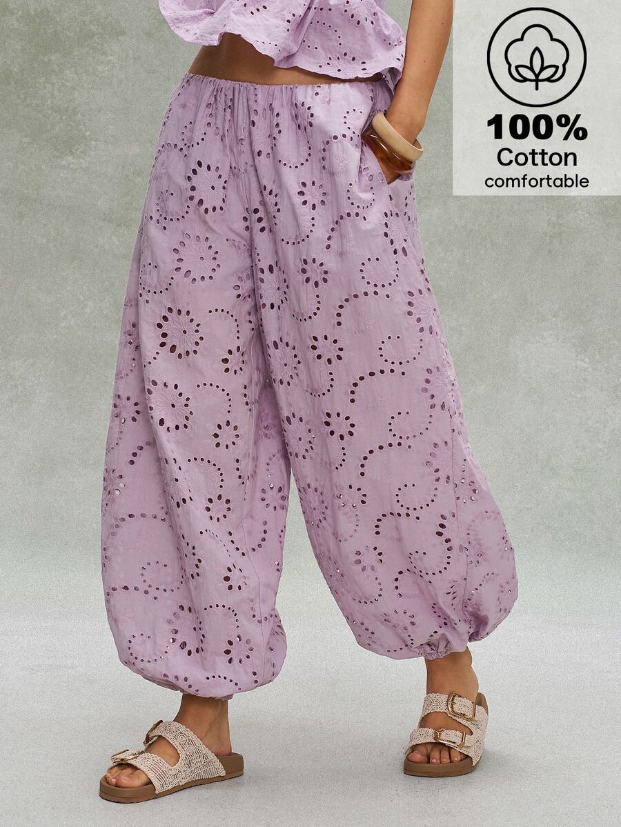 Bohemela Women's Solid Color Hollow Floral Design Elastic Waistband Pocket Loose Cuffed Long Pants - Dusty Purple - View 1