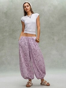 Bohemela Women's Solid Color Hollow Floral Design Elastic Waistband Pocket Loose Cuffed Long Pants - Dusty Purple - View 6