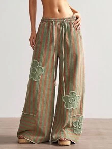 Bohemela Women's Drawstring Waist Green Stripe Colorblock Patchwork Casual Streetwear 70's Inspired 70s Daily Long Pants Everyday Daily Ibiza Autumn - Multicolor - View 8