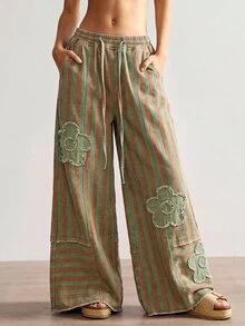 Bohemela Women's Drawstring Waist Green Stripe Colorblock Patchwork Casual Streetwear 70's Inspired 70s Daily Long Pants Everyday Daily Ibiza Autumn - Multicolor - View 3