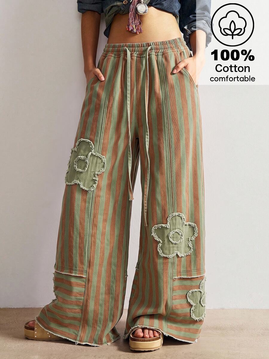 Bohemela Women's Drawstring Waist Green Stripe Colorblock Patchwork Casual Streetwear 70's Inspired 70s Daily Long Pants Everyday Daily Ibiza Autumn - Multicolor - View 1