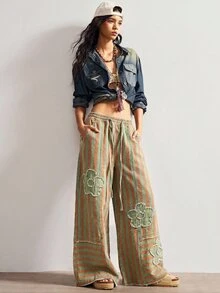 Bohemela Women's Drawstring Waist Green Stripe Colorblock Patchwork Casual Streetwear 70's Inspired 70s Daily Long Pants Everyday Daily Ibiza Autumn - Multicolor - View 6