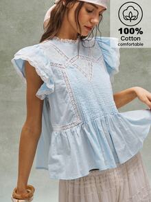 Bohemela Women's Summer Light Blue Cottagecore Lace Holiday French Boho Music Festival Tea Party Embroidered Ruffled Patchwork Blouse,Casual Beach Costume - Blue - View 1