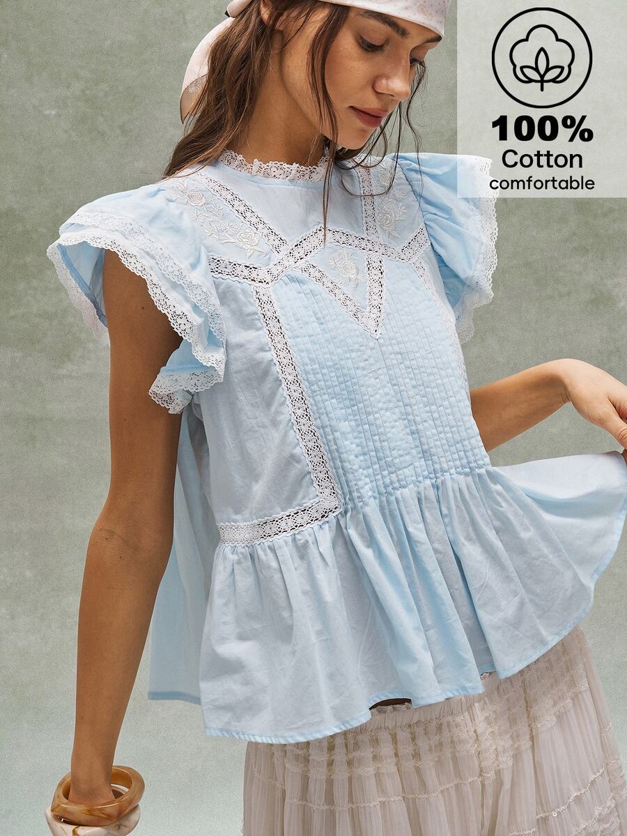Bohemela Women's Summer Light Blue Cottagecore Lace Holiday French Boho Music Festival Tea Party Embroidered Ruffled Patchwork Blouse,Casual Beach Costume - Blue - View 1