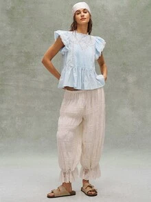 Bohemela Women's Summer Light Blue Cottagecore Lace Holiday French Boho Music Festival Tea Party Embroidered Ruffled Patchwork Blouse,Casual Beach Costume - Blue - View 3