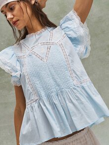 Bohemela Women's Summer Light Blue Cottagecore Lace Holiday French Boho Music Festival Tea Party Embroidered Ruffled Patchwork Blouse,Casual Beach Costume - Blue - View 7