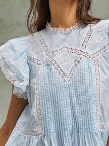 Bohemela Women's Summer Light Blue Cottagecore Lace Holiday French Boho Music Festival Tea Party Embroidered Ruffled Patchwork Blouse,Casual Beach Costume - Blue - View 6