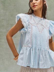 Bohemela Women's Summer Light Blue Cottagecore Lace Holiday French Boho Music Festival Tea Party Embroidered Ruffled Patchwork Blouse,Casual Beach Costume - Blue - View 5