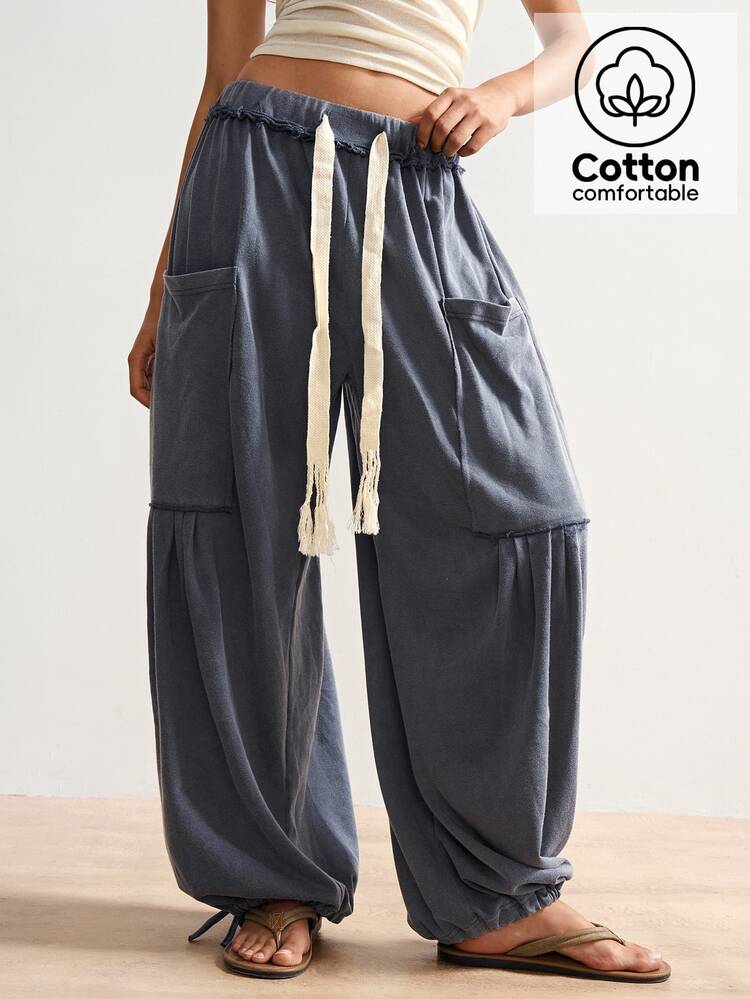 Bohemela Women's Casual Loose Solid Color Knit Pants, Suitable For Autumn, Christmas, New Year, Boho, Independence Day, Vacation Vacation Dusty Blue - Dark Grey - View 1