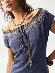 Bohemela Navy Blue Women's Summer Boho Vacation Retro Washed T-Shirt,Embroidered Asymmetrical Collar Half-Open Placket Country Music Festival Resort Tops - White - View 2