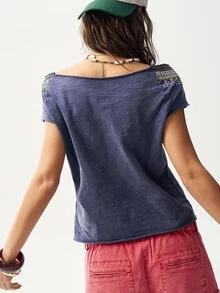 Bohemela Navy Blue Women's Summer Boho Vacation Retro Washed T-Shirt,Embroidered Asymmetrical Collar Half-Open Placket Country Music Festival Resort Tops - White - View 7