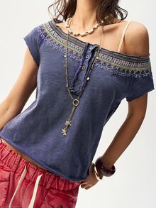 Bohemela Navy Blue Women's Summer Boho Vacation Retro Washed T-Shirt,Embroidered Asymmetrical Collar Half-Open Placket Country Music Festival Resort Tops - White - View 5