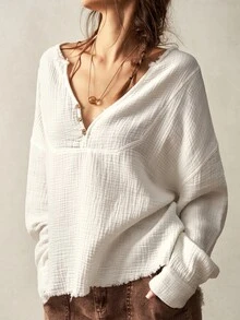 Bohemela 女款休閒寬鬆V領落肩長袖梭織襯衫，白色，適合早午餐，秋季 - 白色 - 查看 8