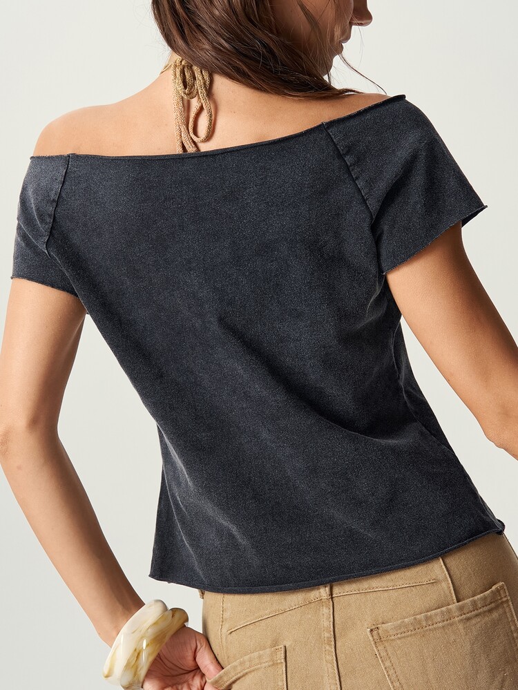 Bohemela Casual Solid Color Knitted Off-Shoulder Short Sleeve Washed Women's T-Shirt Vacation Gray Summer - Black - View 6