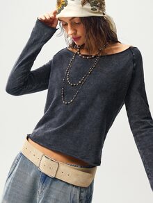 Bohemela Women's Casual Solid Color Knit Boat Neck Long Sleeve Washed T-Shirt - Black - View 5
